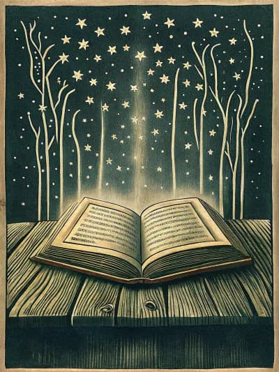 AI-designed sticker: an open book on a wooden table with stars rising from its pages