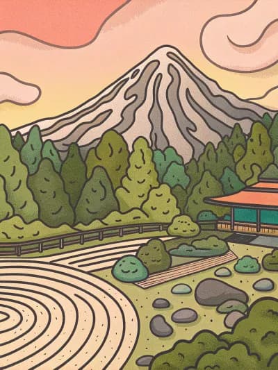 AI-designed sticker: a Japanese zen garden with a mountain, temple, and swirling sand patterns