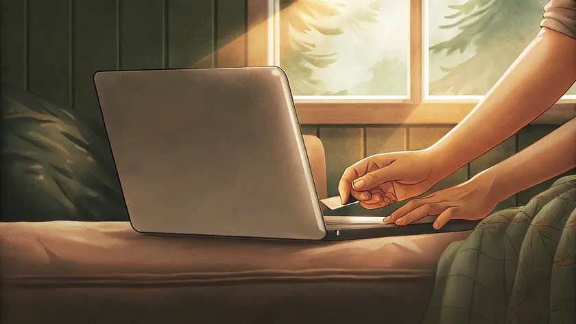 Hands carefully placing a small sticker on a laptop — a ritual moment of care